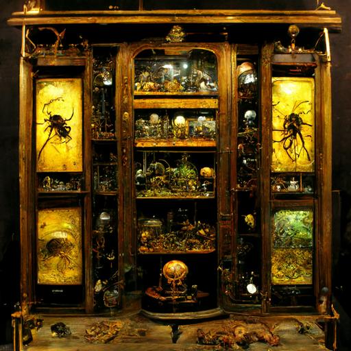 cabinet of curiousities with multiple shelves and items, scarabs, spiders in amber, frontal view, very details, spirals, gold filigre, antique, vintage, taxidermy, frog skeleton, bat skeleton stretched out in amber in a display box, pinned butterfly display, strange things, moody, gothic, steampunk, clock parts, tiny garden under a dome, glass box with a mouse skeleton inside of it, amber bottles, strange tales, weird things, unique, weird environment