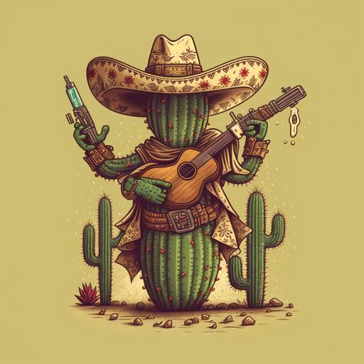 cactus wearing a sombrero and holding a tequila bottle and a gun