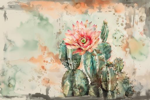 cactus with single flower bloom beautiful watercolor style art with 4 tones large imagine --v 6.0 --ar 3:2