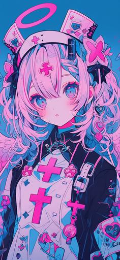 caduceus nurse anime screenshot, in the style of kawaii pop art, light pink and dark azure, cute cartoonish designs, caras ionut, dark white and dark red, ornate, light white and light purple --ar 59:128 --niji 5