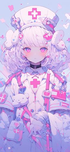 caduceus nurse anime screenshot, in the style of kawaii pop art, light pink and dark azure, cute cartoonish designs, caras ionut, dark white and dark red, ornate, light white and light purple --ar 59:128 --niji 5