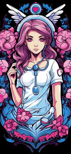 caduceus nurse anime screenshot, in the style of kawaii pop art, light pink and dark azure, cute cartoonish designs, caras ionut, dark white and dark red, ornate, light white and light purple --ar 59:128