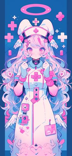 caduceus nurse anime screenshot, in the style of kawaii pop art, light pink and dark azure, cute cartoonish designs, caras ionut, dark white and dark red, ornate, light white and light purple --ar 59:128 --niji 5