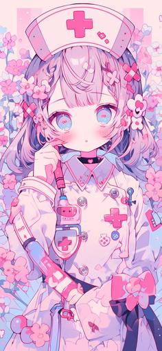 caduceus nurse anime screenshot, in the style of kawaii pop art, light pink and dark azure, cute cartoonish designs, caras ionut, dark white and dark red, ornate, light white and light purple --ar 59:128 --niji 5