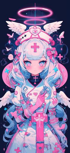 caduceus nurse anime screenshot, in the style of kawaii pop art, light pink and dark azure, cute cartoonish designs, caras ionut, dark white and dark red, ornate, light white and light purple --ar 59:128 --niji 5