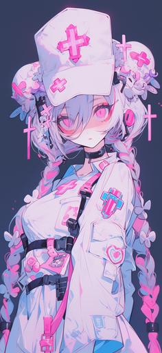 caduceus nurse anime screenshot, in the style of kawaii pop art, light pink and dark azure, cute cartoonish designs, caras ionut, dark white and dark red, ornate, light white and light purple --ar 59:128 --niji 5