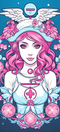caduceus nurse anime screenshot, in the style of kawaii pop art, light pink and dark azure, cute cartoonish designs, caras ionut, dark white and dark red, ornate, light white and light purple --ar 59:128