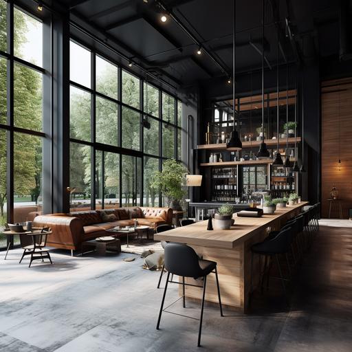 cafe & pub, big window, black & wood, modern, simple, sofa, table, counter bar table, black ceiling, gray floor