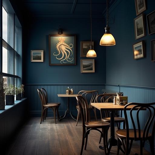 cafe, no natural light, wooden floor, dark color, beige tone mixed with antique blue, simple wooden furniture, simple modern glass lamp, painted wall effect, a painted wall octopus, spotlight, windowless, slanted ceiling, wall lamp, vintage picture frame, old wood paneling