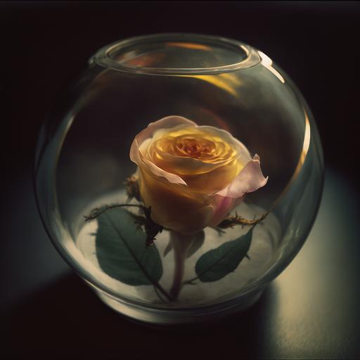 rose in a glass dome hyper realistic photograph, dramatic light, looking down film grain, Leica 50mm, Kodak portra 800, chiaroscuro, f1.4,