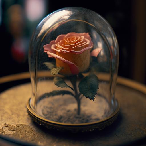 rose in a glass dome hyper realistic photograph, dramatic light, looking down film grain, Leica 50mm, Kodak portra 800, chiaroscuro, f1.4,
