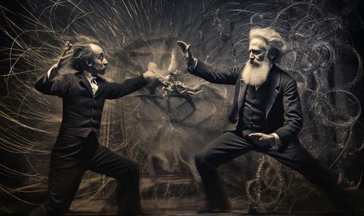 cage-match between Ernst Haeckel and Dr. Seuss, realistic sports photography featuring drawings in the style of Dr. Seuss and Ernst Haeckel time-lapse motion blur nightclub photo --ar 5:3
