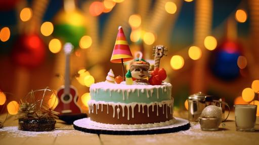cake decorated for multiple holidays including Christmas, hula girl, Hawaii, Italy, guitar, martini glass, cowboy hat, tropical, jazz clear 4k high definition background, Color Film, High-Resolution Post --ar 16:9