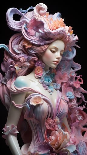 By jade_calavera::0 | pastel mermaid, in the style of sugar glass sculptures:: clear colors, green, purple, pink, wavy resin sheets, candy coated, molecular gastronomy:: rococo-inspired details, blink-and-you-miss-it detail:: i can't believe how beautiful this is --ar 9:16 --s 250