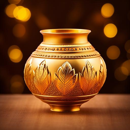 caldera, beautifully ornamented gold Indian pot kalasha, a real coconut placed in the top center of the pot over fresh mango leaves, golden glow, transparent background , hindu design , south indian style