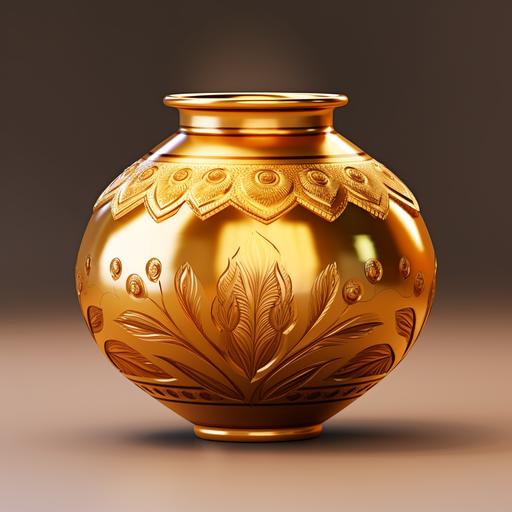 caldera, beautifully ornamented gold Indian pot kalasha, a real coconut placed in the top center of the pot over fresh mango leaves, golden glow, transparent background , hindu design , south indian style