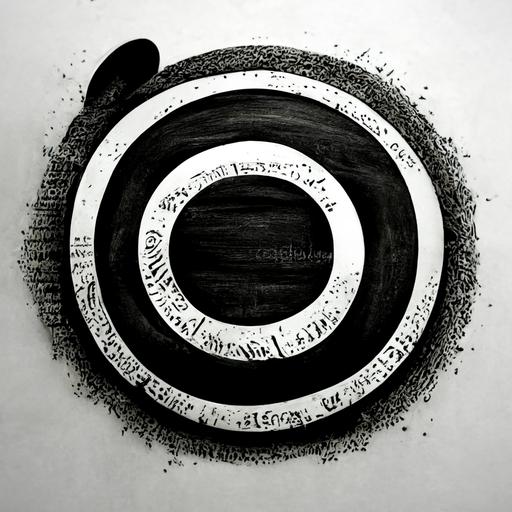 calligram circle with letters, pokras lampas. black and white, brush texture canvas texture