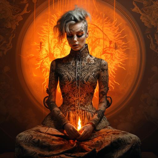calligraphic grace, psychedelic realism, Sacha Goldberger, biopunk, cyberpunk, robot, dark color, Swedish woman, tattoos, mottled, intensely detailed, vfxfriday, surreal poses, bright clothes, inside a burning room. sunlight hits from behind