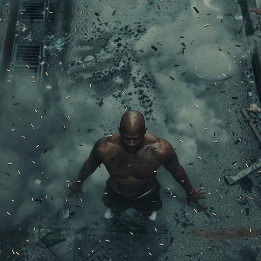 camera very high angle its raining bullets fall from the sky on the street a black man bald muscle is in the middle of the street standing