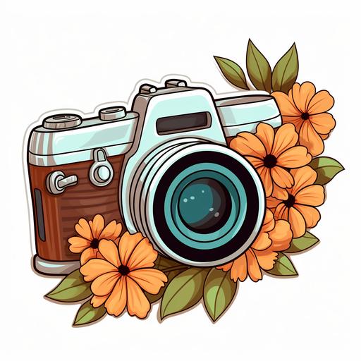 camera with flowers sticker, cartoon style