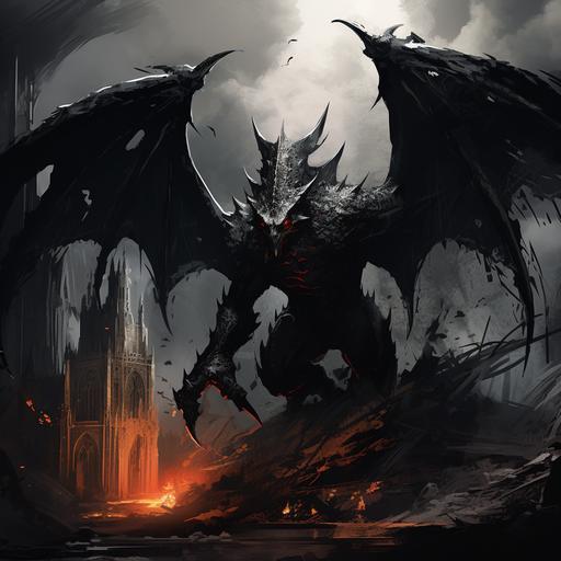 a detailed draw of a dark haunt, a demon with dragon wings, bull horns and a long sharp tail, the ruins of the destroyed walls of a castle and an evil dark around