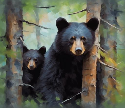 camouflage background with 2 black bear cubs in a tree and mama bear, 8k, vibrant --ar 37:32 --v 5.1