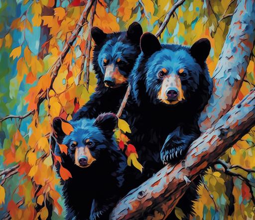 camouflage background with 2 black bear cubs in a tree and mama bear, 8k, vibrant --ar 37:32 --v 5.1
