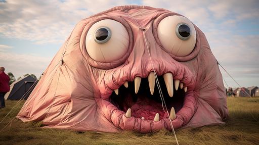 camping tent shaped like an earth worm, worm tent, worm shaped tent with cute worm head and big eyes, pink wrinkly tent, at roskilde festival, photo by hasselblad, outdoor photo --ar 16:9 --v 5.2