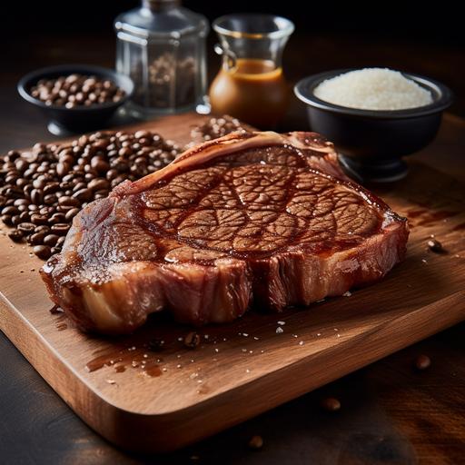 can I have a high resolution picture of a cooked rib eye steak, that is medium rare , served on a wooden board, and next to it just a few coffee beans and a small sprinkling of brown sugar.