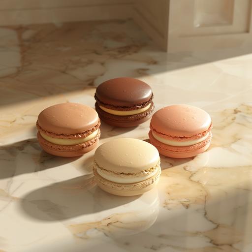 can you make a realistic editorial product shot of a few 3 colours macarons with a beige and marble background