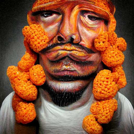 a portrait of swagged out man made of cheeto puffs