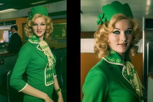 candid photo of a 1970s shamrock girl pin-up model, flight attendant, airport terminal, attitude, 16K, intricate details --ar 3:2 --v 5