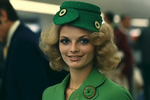 candid photo of a 1970s shamrock girl pin-up model, flight attendant, airport terminal, attitude, 16K, intricate details --ar 3:2 --v 5