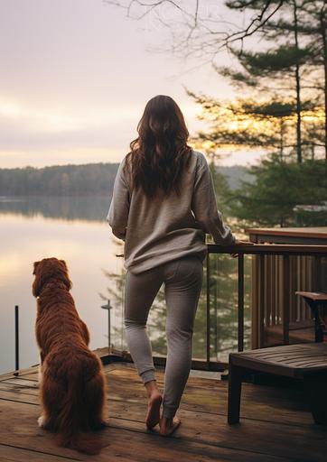candid photo of a beautiful woman at the lake house at dawn with dog, stomy skies, Atmospheric, real photography, fujifilm superia, full HD, taken on a Canon EOS R5 F1. 2 ISO100 35MM , scene from a modern dramatic movie --v 5.2 --ar 5:7 --style raw