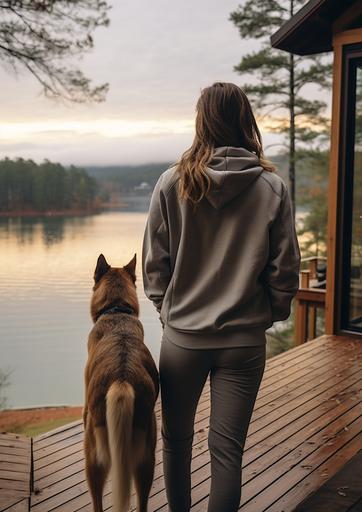 candid photo of a beautiful woman at the lake house at dawn with dog, stomy skies, Atmospheric, real photography, fujifilm superia, full HD, taken on a Canon EOS R5 F1. 2 ISO100 35MM , scene from a modern dramatic movie --v 5.2 --ar 5:7 --style raw