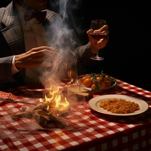 candid photograph, photo from behind a wine glass, 90's italian gangster dinner, spagetti, wine, extermem angle, behind pasta, flash action photogrraphy, checkered table cloth, smoke, bread, photorealistic