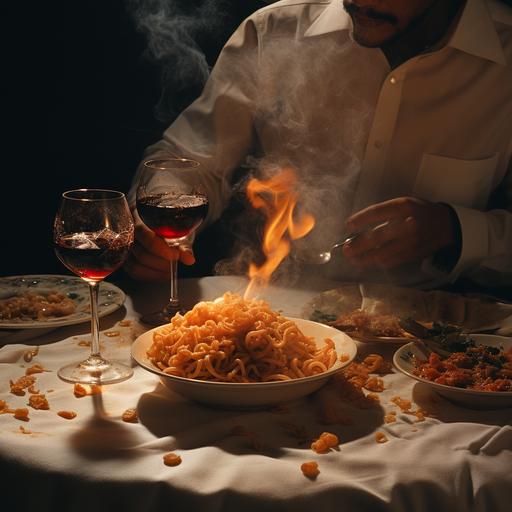candid photograph, photo from behind a wine glass, 90's italian gangster dinner, spagetti, wine, extermem angle, behind pasta, flash action photogrraphy, checkered table cloth, smoke, bread, photorealistic