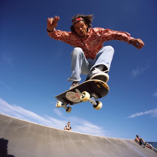 candid photography, action photography, skateboarder mid jump, extreme angle from underneth, grain photograph, 90's style, film photography, skate park,