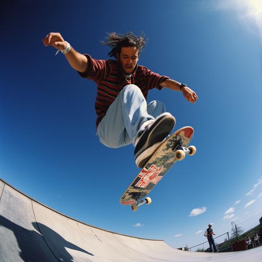 candid photography, action photography, skateboarder mid jump, extreme angle from underneth, grain photograph, 90's style, film photography, skate park,