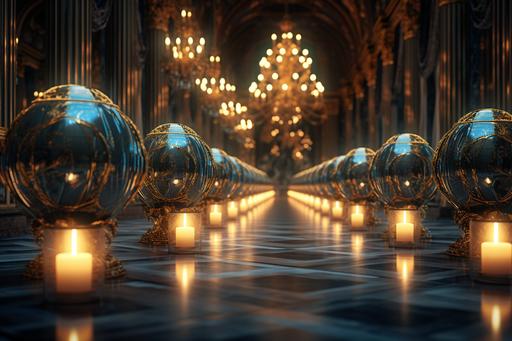 candles are lined up down the room at versailles, in the style of luminous spheres, photorealistic pastiche, mirrored, baroque grandiosity, tabletop photography, uhd image, dark gold and azure --ar 128:85