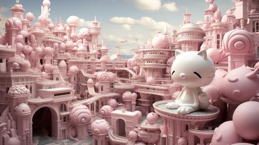 candy World, kawaii, japan style, futurist, hello kitty, pink, --ar 16:9 --s 250 --v 5.2