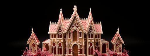 candy cane, gingerbread house, gothic tracery, wedding cake style, stain-glass window --ar 8:3
