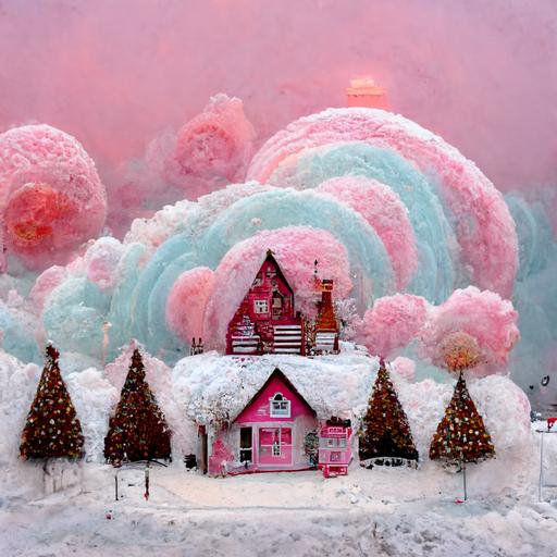 candy surreal Christmas world lollipops candy cane gingerbread houses snow pink sky
