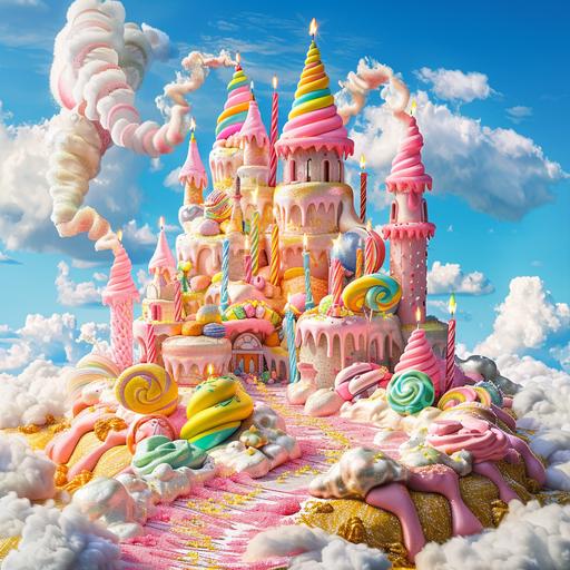 candyland, large castle made of birthday cake with candles, frosting and candy, very colorful, cotton candy clouds, animated world