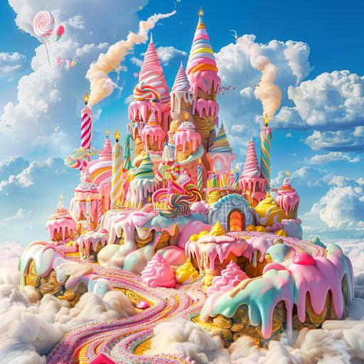 candyland, large castle made of birthday cake with candles, frosting and candy, very colorful, cotton candy clouds, animated world