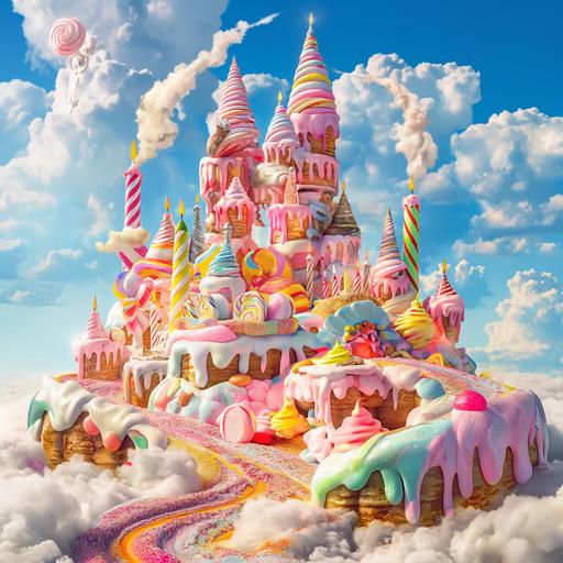 candyland, large castle made of birthday cake with candles, frosting and candy, very colorful, cotton candy clouds, animated world --v 6.0