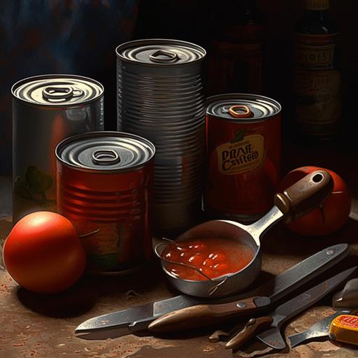 cans of tomato, vegetable, chicken soup, cans, and an old hand held can opener, indoor light, oil paint, detailed features, cinematic, dramatic --uplight --v 5 --s 750