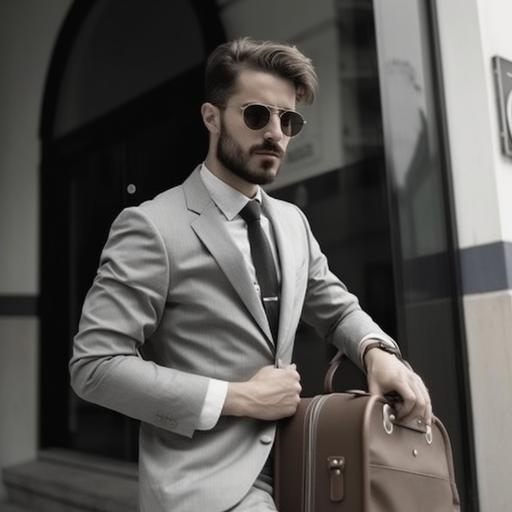 un hombre con maletin y traje gris viendo su celelkar --v 5