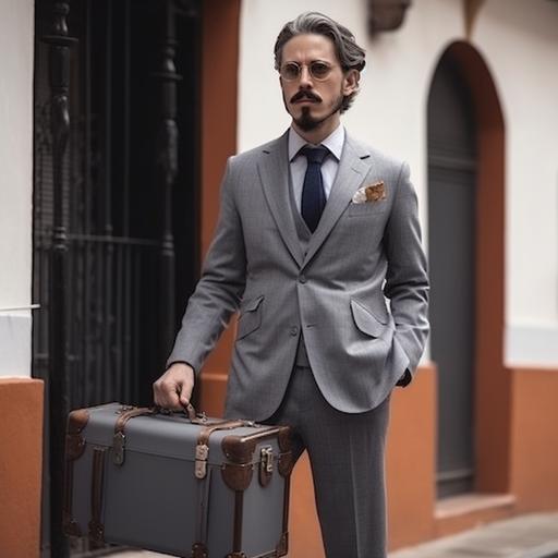 un hombre con maletin y traje gris viendo su celelkar --v 5
