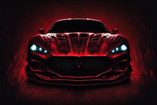 shiny red sports car, demon eyes, shadowy --ar 3:2